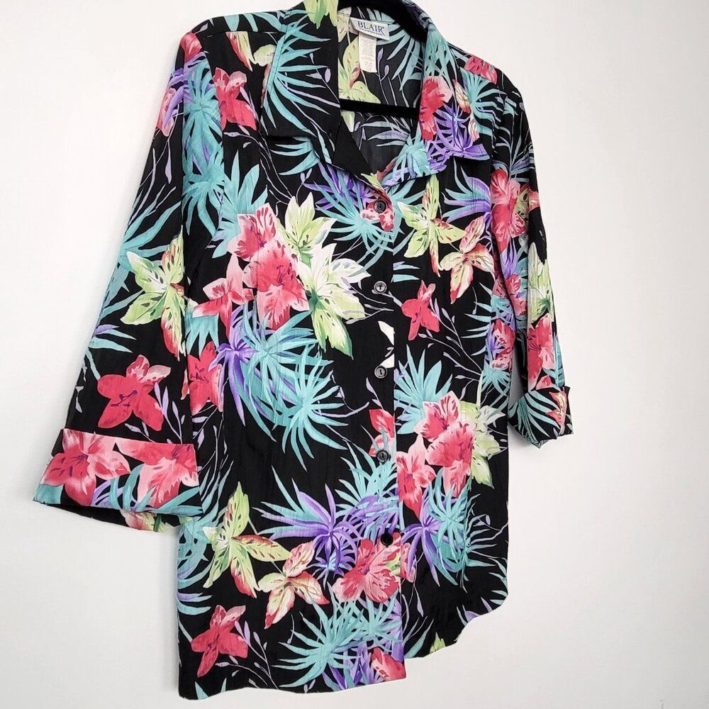 Vintage 90s Blair Tropical Floral Gauzy Textured Button Front Hawaiian Shirt - Picture 3 of 9